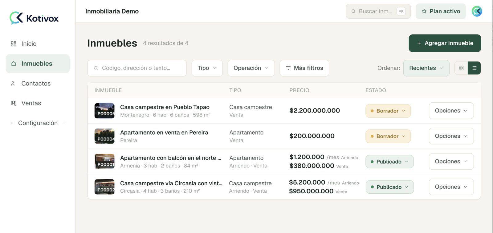 Panel de Kotivox con la lista de inmuebles y el tablero de ventas
